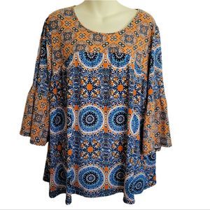 Hannah Geometric Floral Circle Print 3/4 Ruffle Sleeve Blouse Size XL